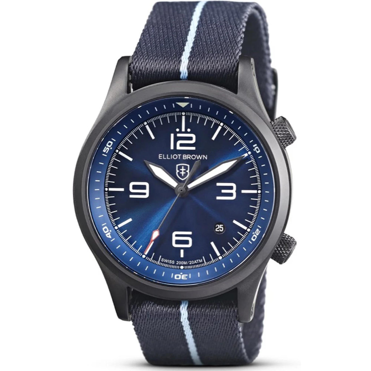 Men's quartz watch with blue dial and navy rubber strap with white stripe