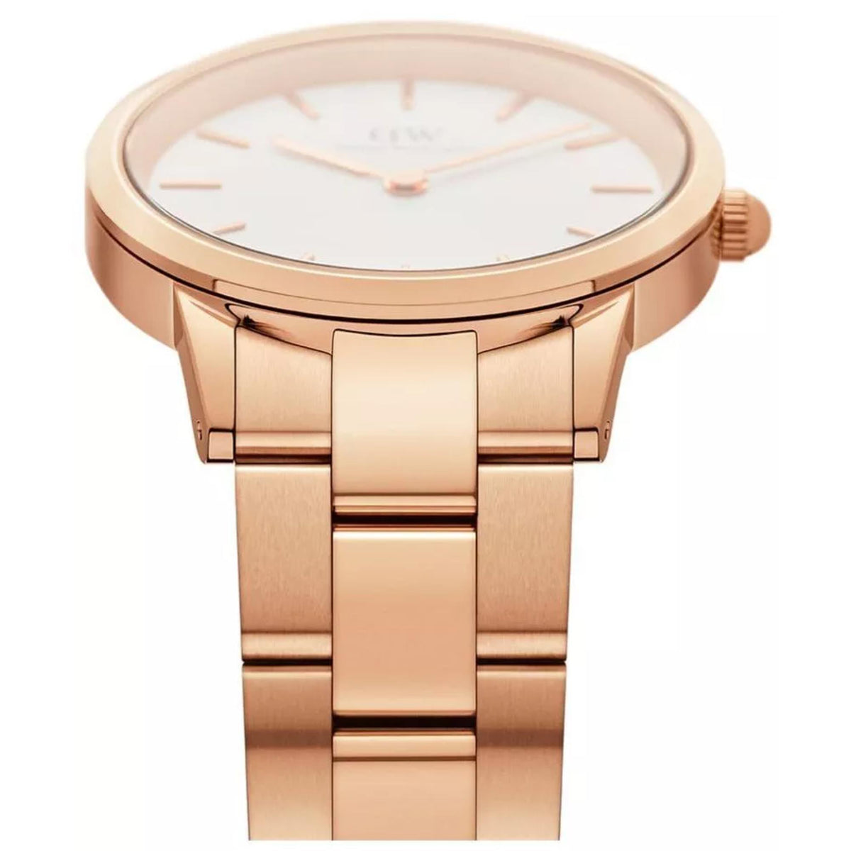 Daniel Wellington Iconic Link DW00100343 rose gold stainless steel case and white dial side perspective view