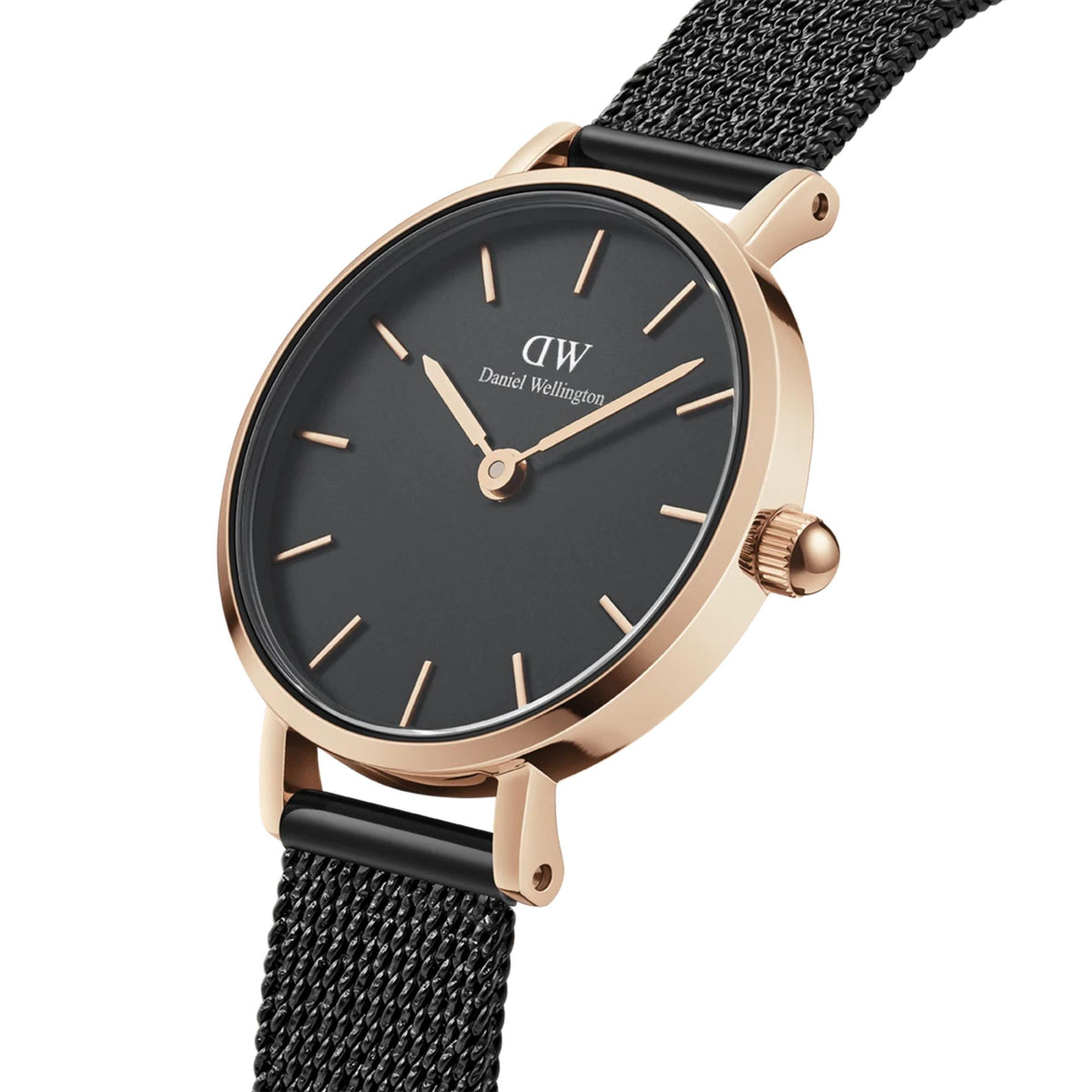 Daniel Wellington quartz watch with black dial, rose-gold hands and markers, mesh strap