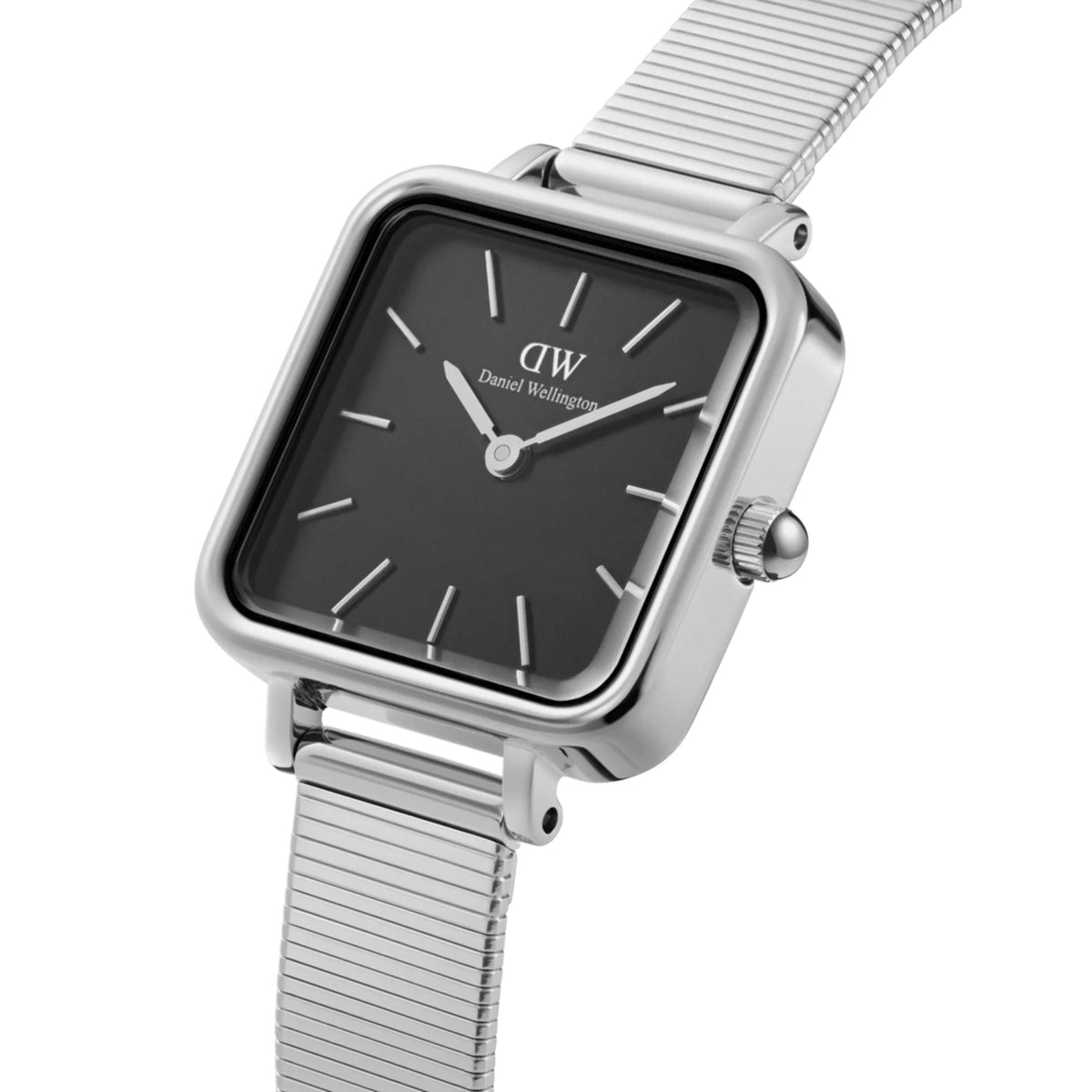 Ladies steel quartz watch with black dial and square case, ribbed metal bracelet