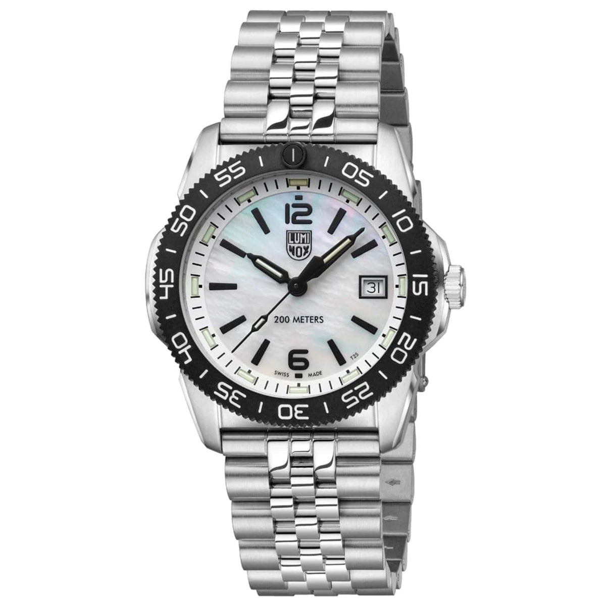 Luminox Pacific diver watch with white dial, black bezel accents, and steel link bracelet