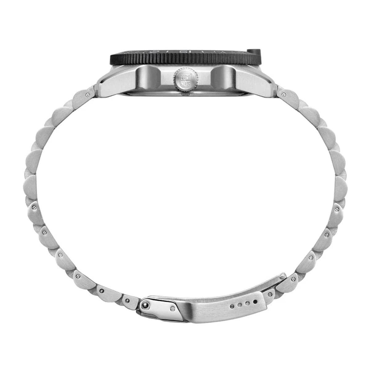Luminox diver watch underside view with stainless steel link bracelet and case back