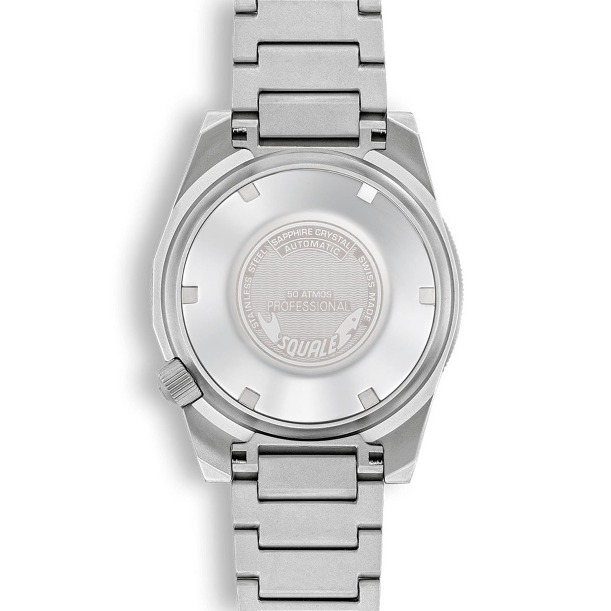 Steel automatic watch caseback with matching bracelet, crown visible; no dial view.