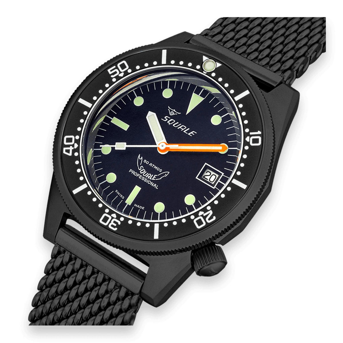 Men's black PVD watch close-up, blue-black dial with green lume dots, orange second hand