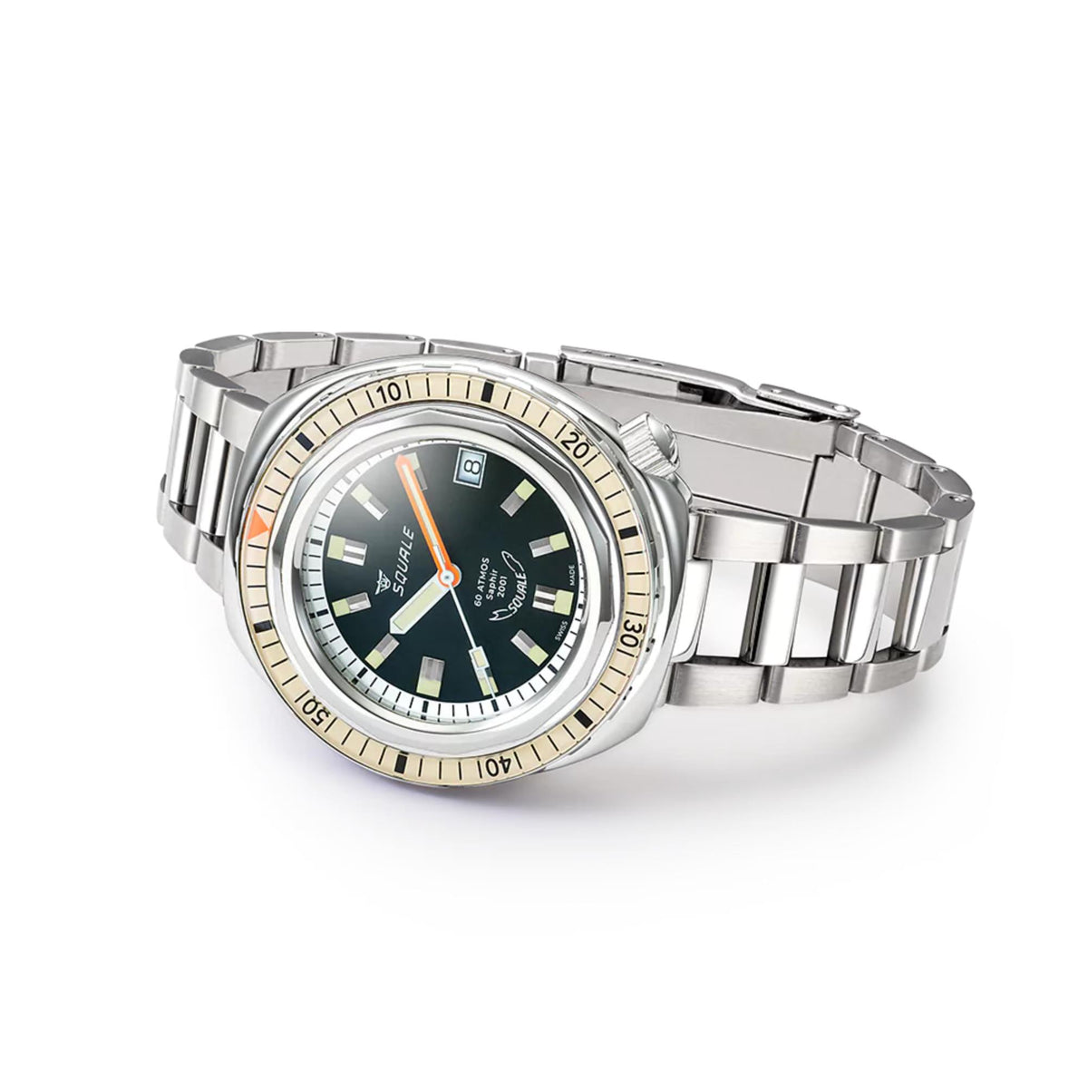 Men's steel watch with dark dial, orange seconds hand, and metal link bracelet