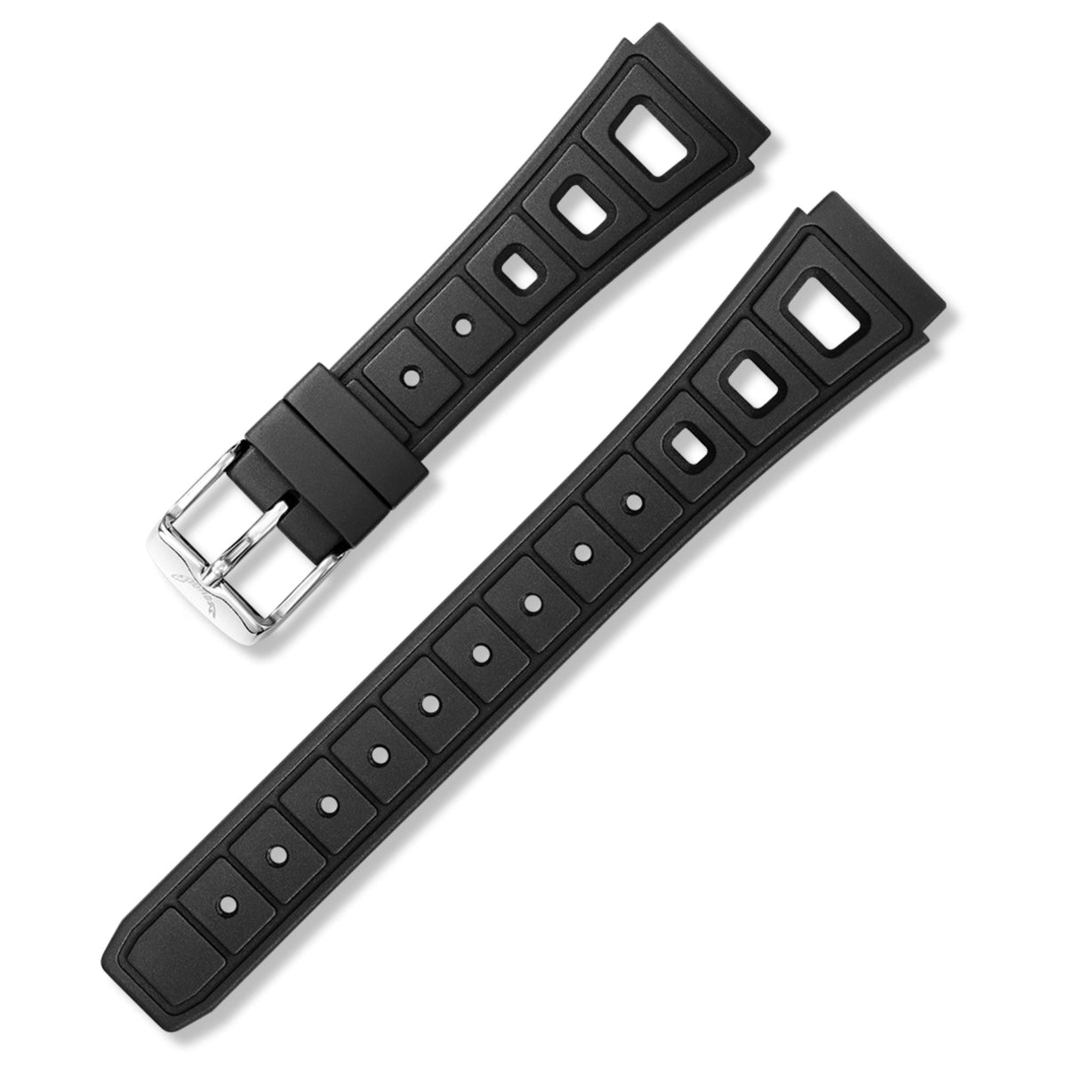 Black rubber watch strap with rectangular cutouts and metal buckle hardware