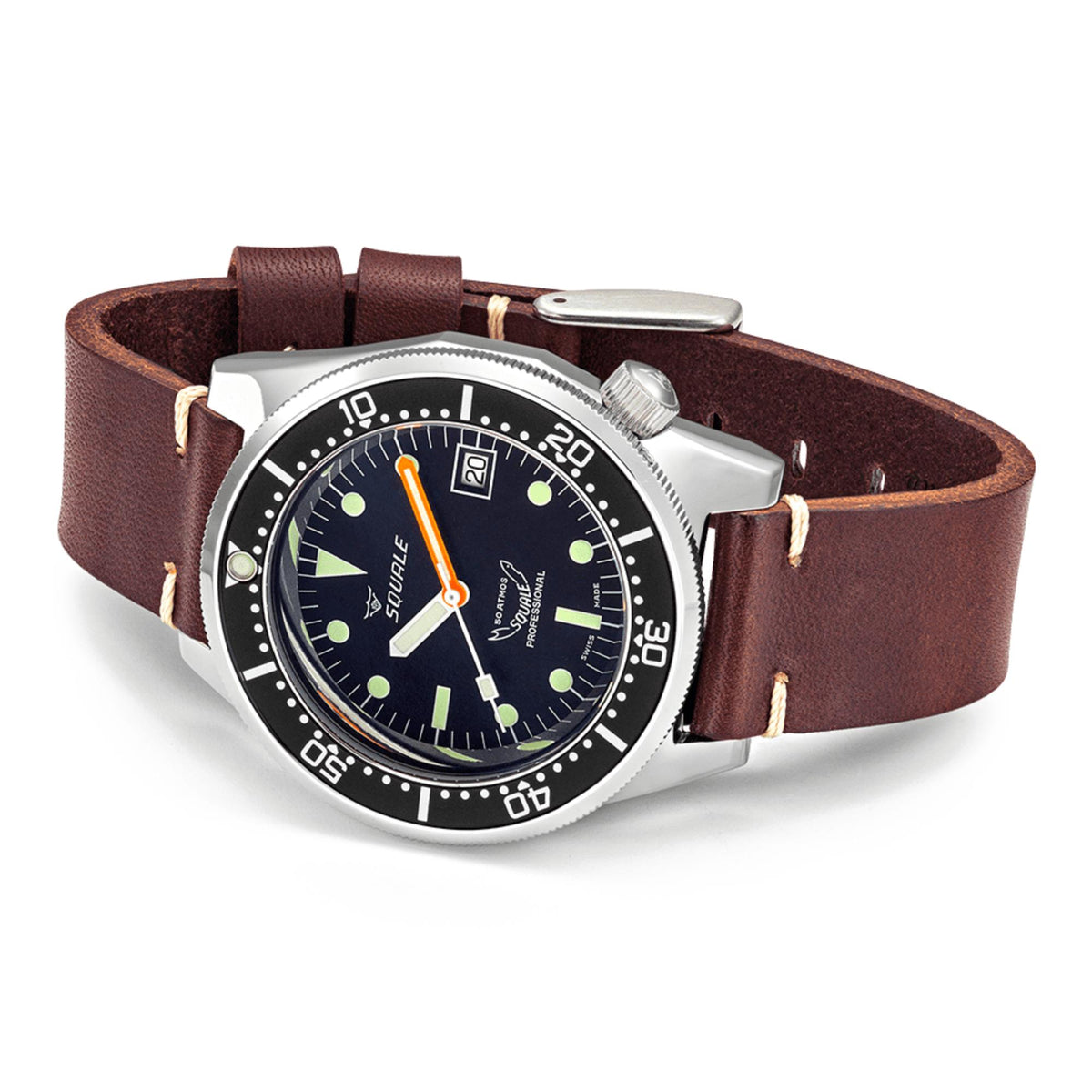 Men's diver watch on brown leather strap, dark dial with orange seconds hand