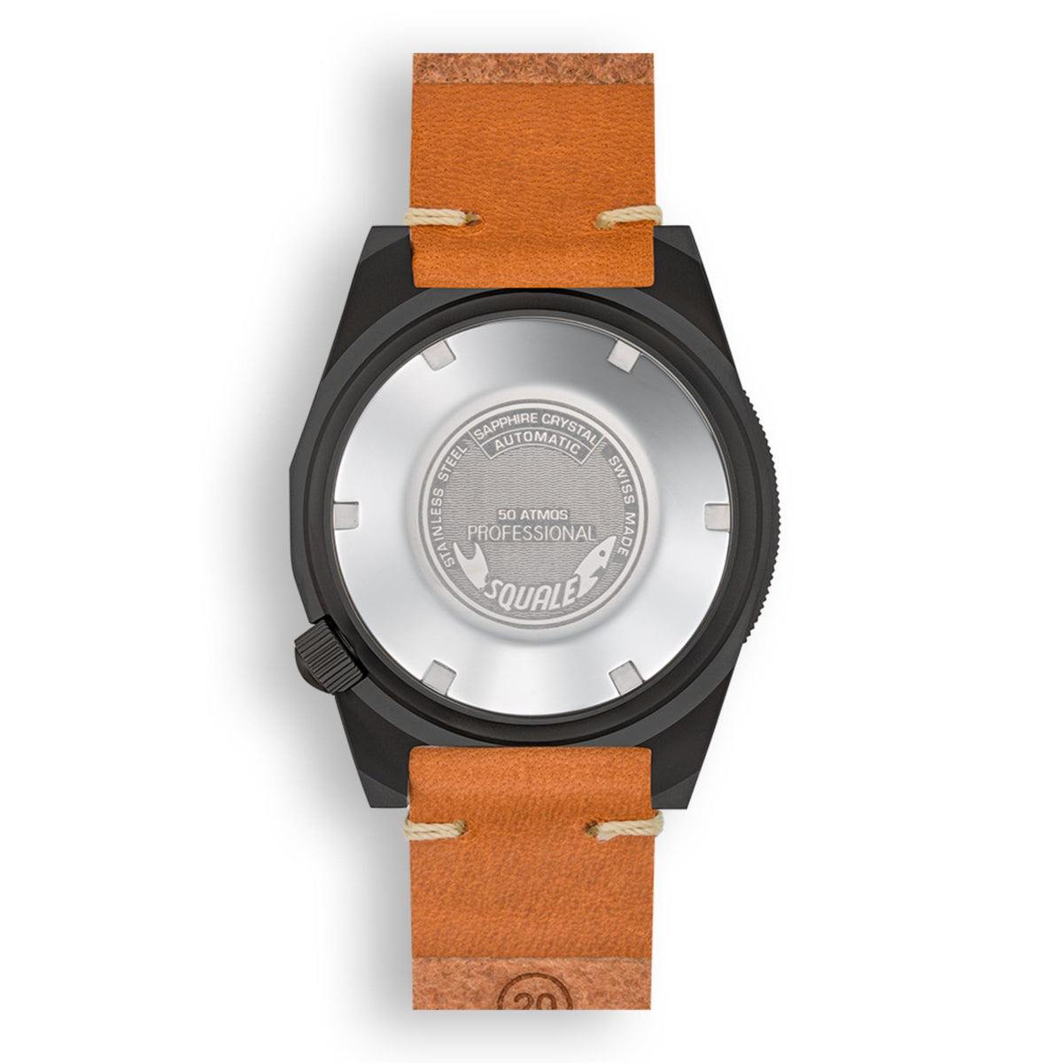 Men's leather strap watch with black case, visible caseback and orange strap.