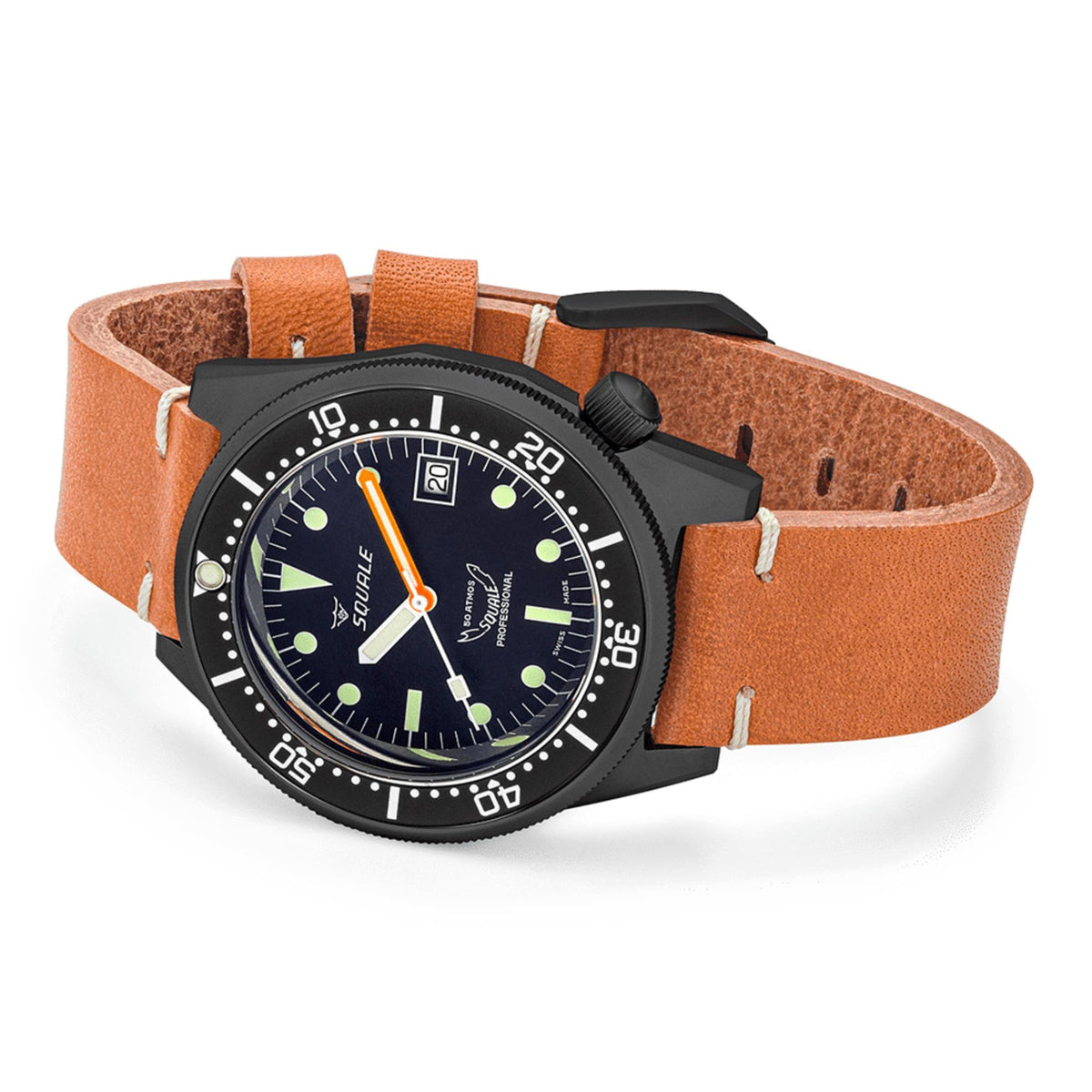 Men's black dive-style watch on tan leather strap with black bezel and green dial.