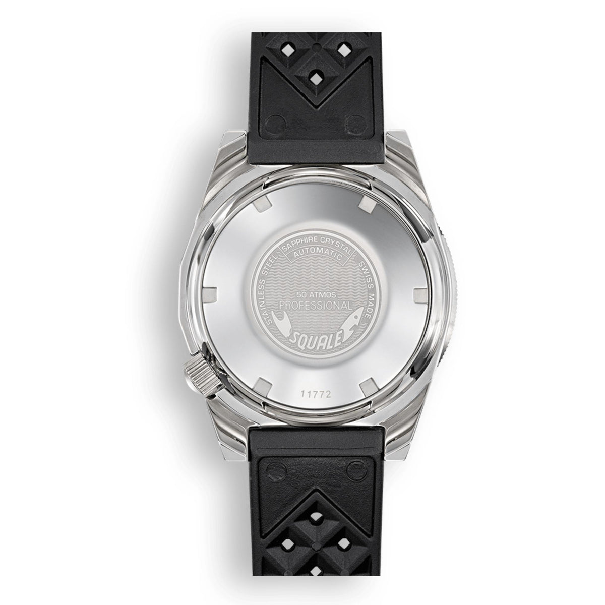 Men's automatic watch caseback with black rubber strap, silver bezel and crown.