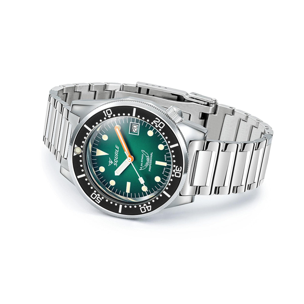 Men's stainless steel automatic watch with green dial, black bezel, and link bracelet