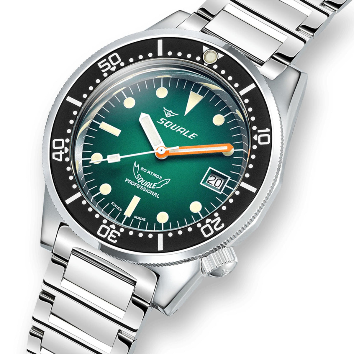 Stainless steel dive watch with green dial, orange second hand, and black minute bezel