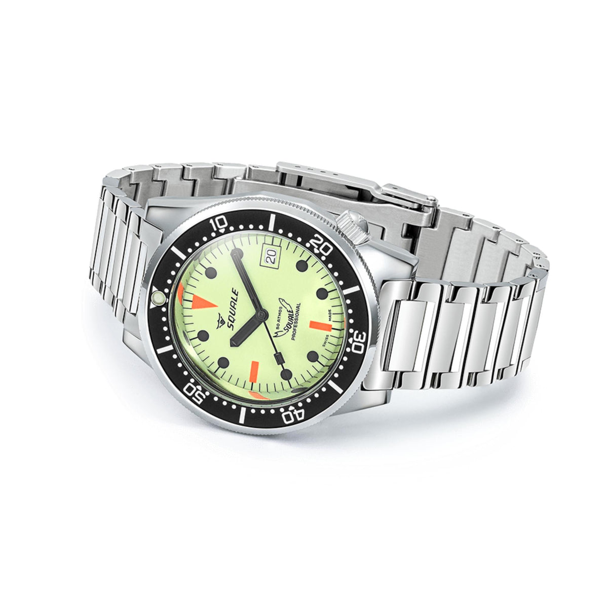 Men's steel dive watch with green luminous dial, black bezel, and metal bracelet