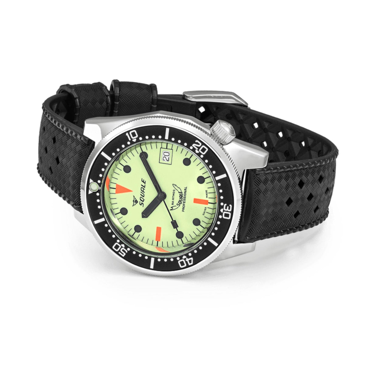 Men's automatic watch with black bezel, neon-green luminous dial, black rubber strap