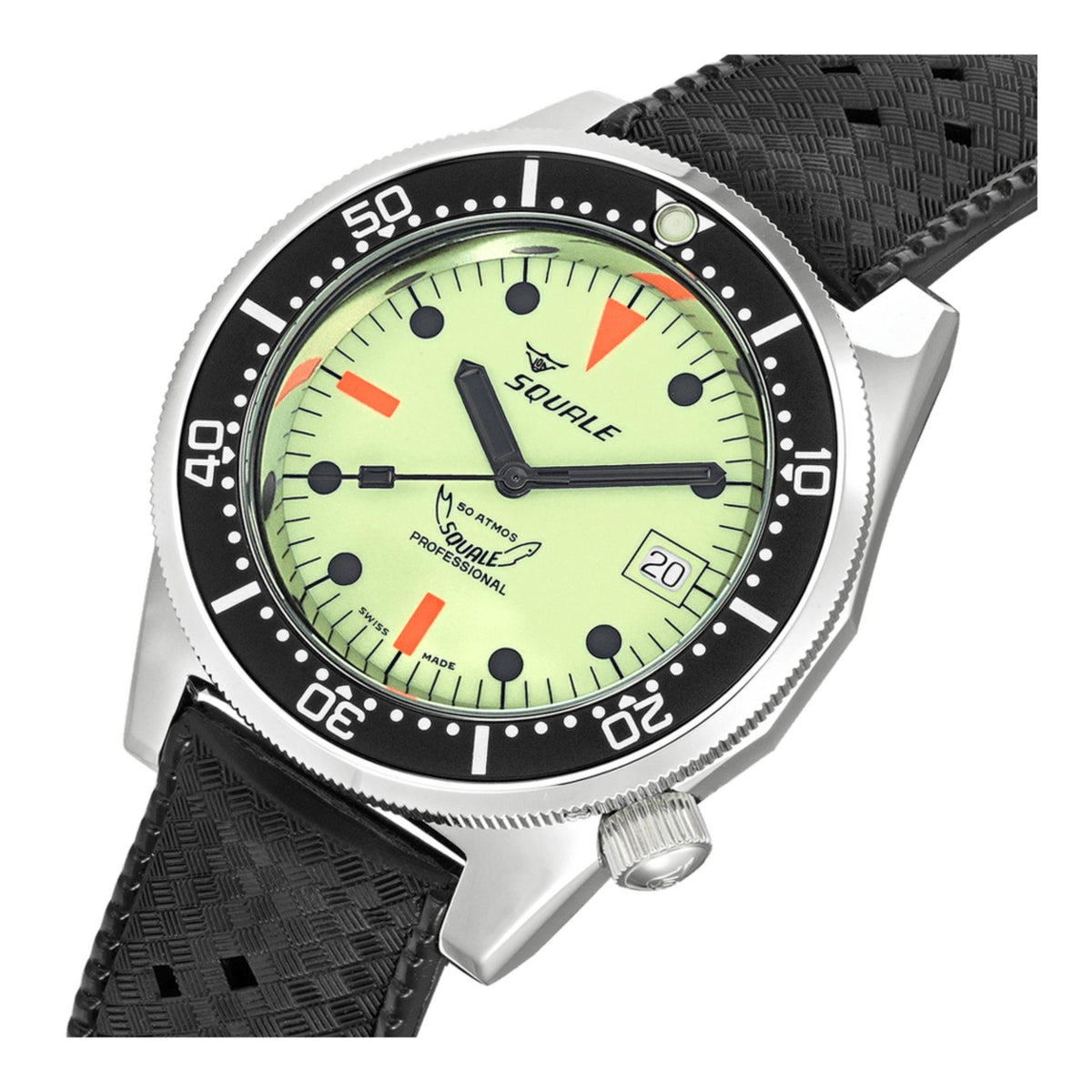 Men's automatic watch close-up with neon-green luminous dial and black rubber strap
