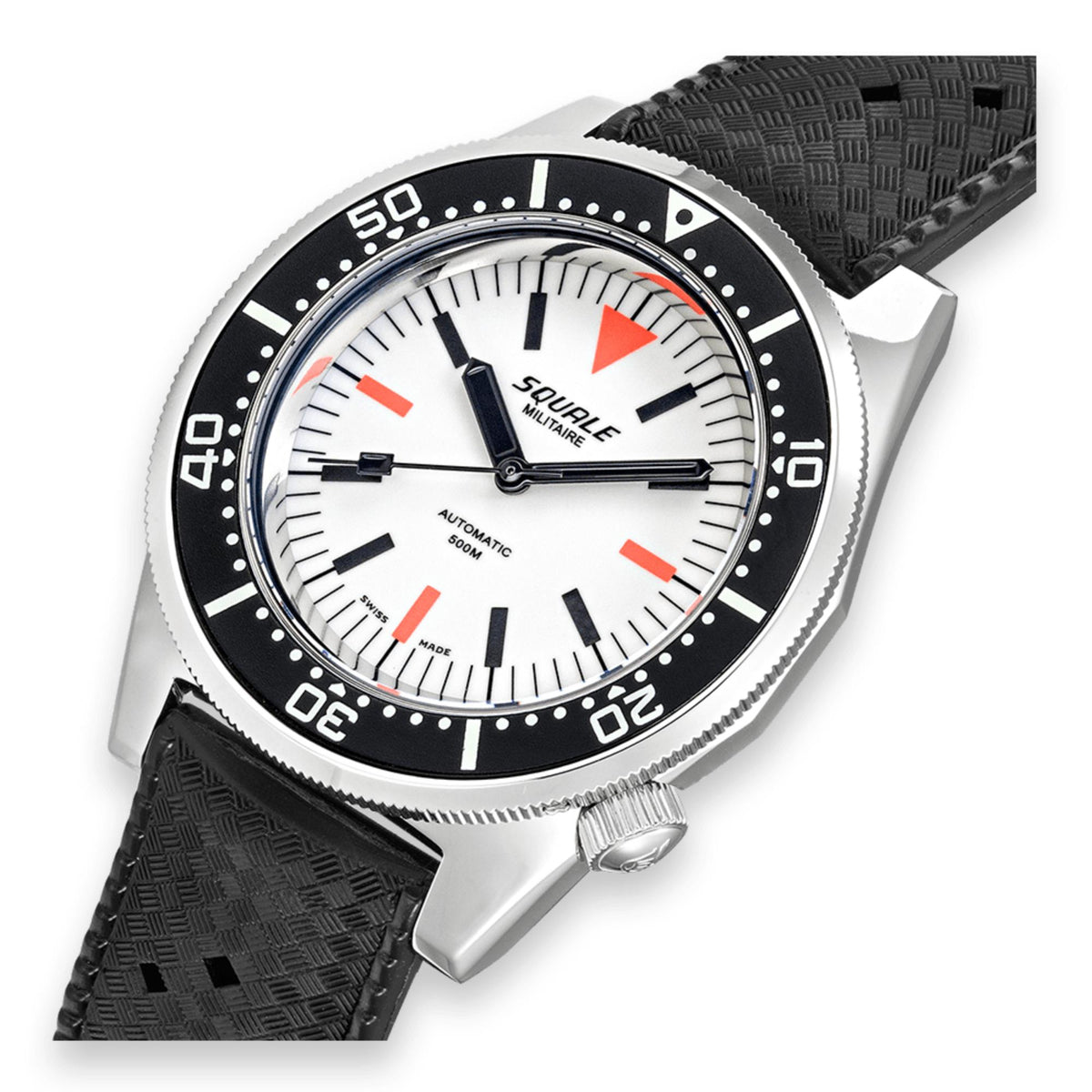 Men's automatic diver watch, close-up white dial, black bezel, black rubber strap