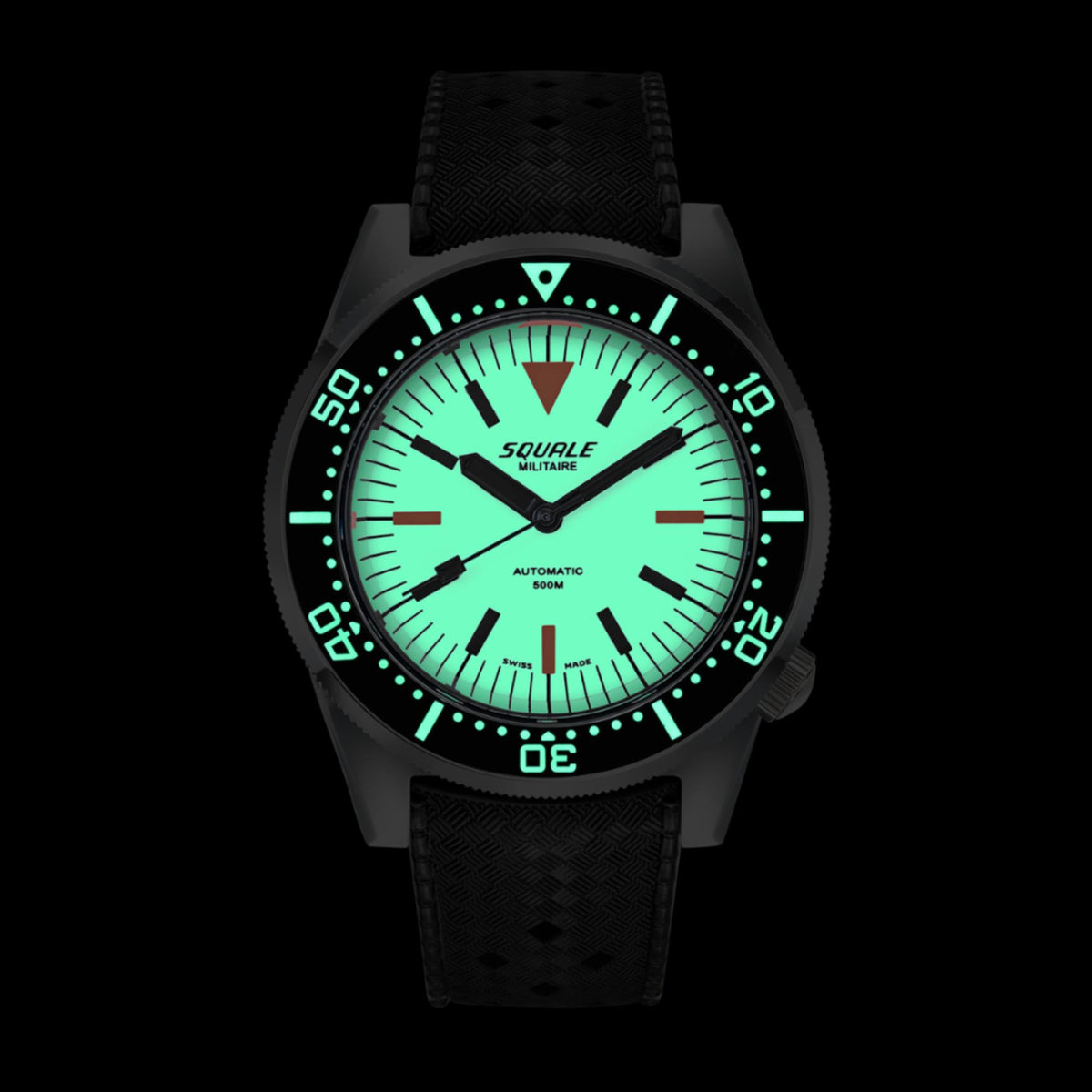 Men's automatic diver watch, luminescent green dial, black rubber strap, black bezel