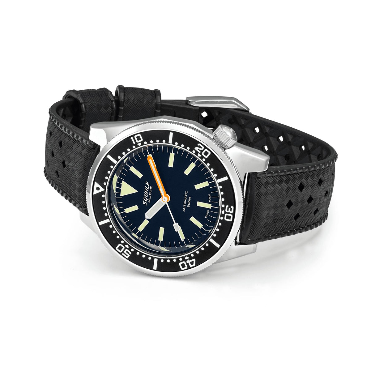 Men's automatic diver watch with blue dial and black rubber strap, silver bezel.