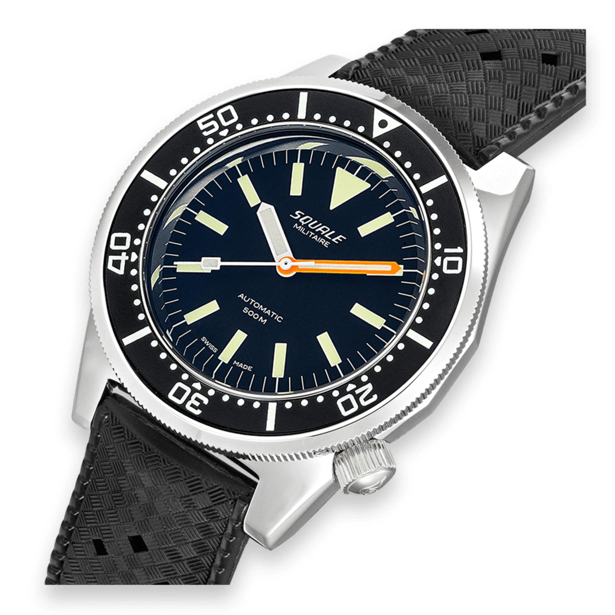 Men's automatic diver watch close-up, blue dial with luminous markers and black strap.