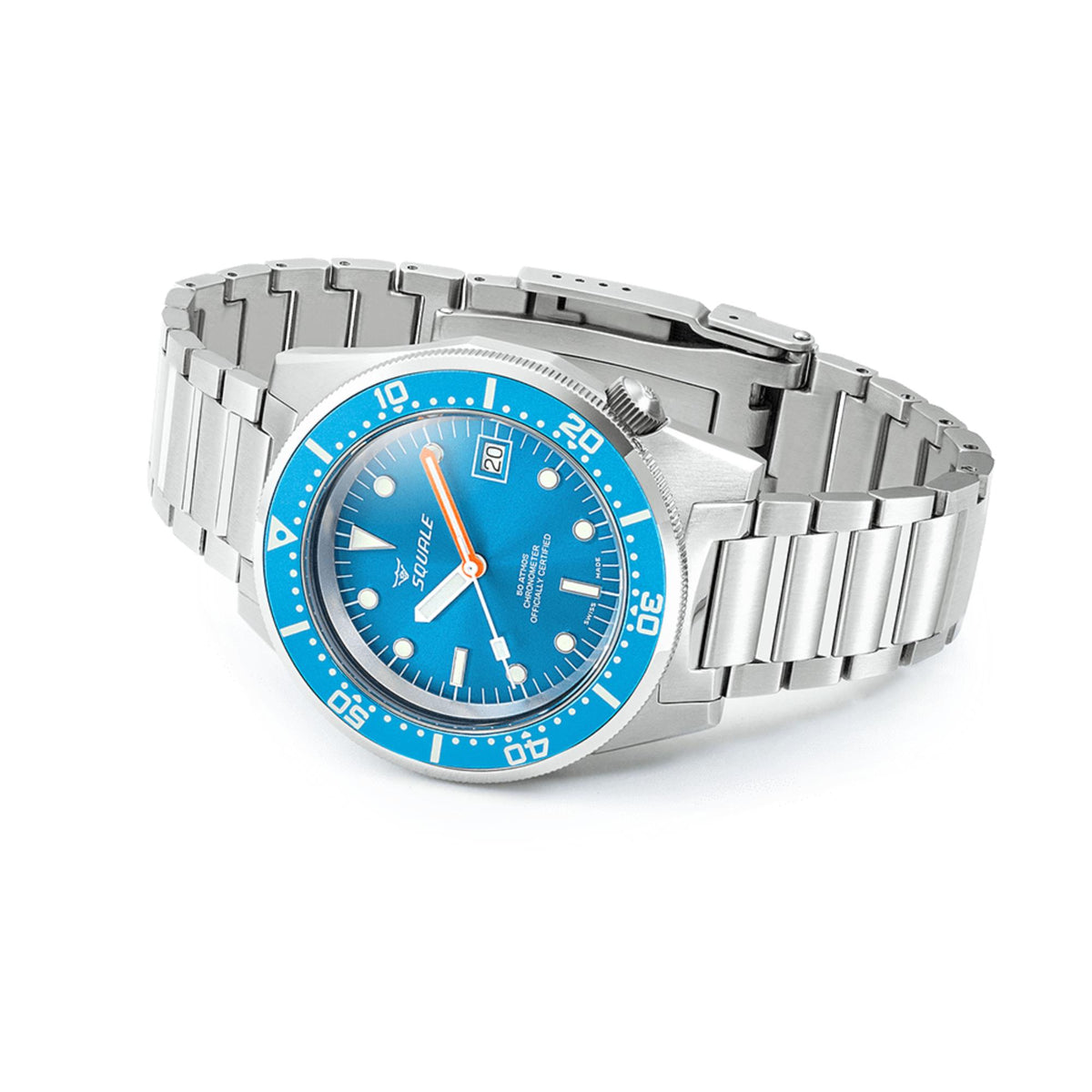 Men's diver-style automatic watch with bright blue dial and steel bracelet