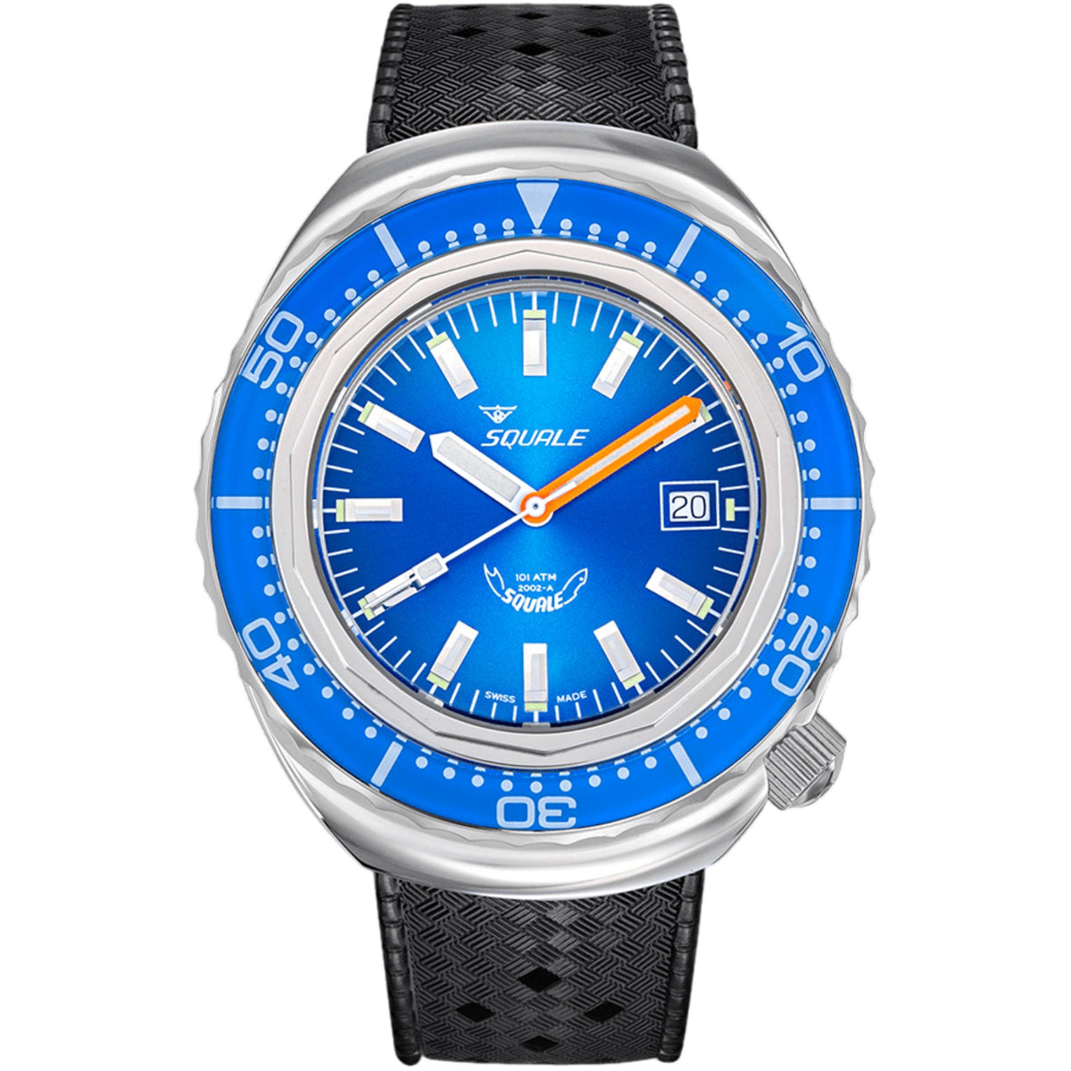 Men's automatic watch with blue dial, blue bezel, and black textured rubber strap