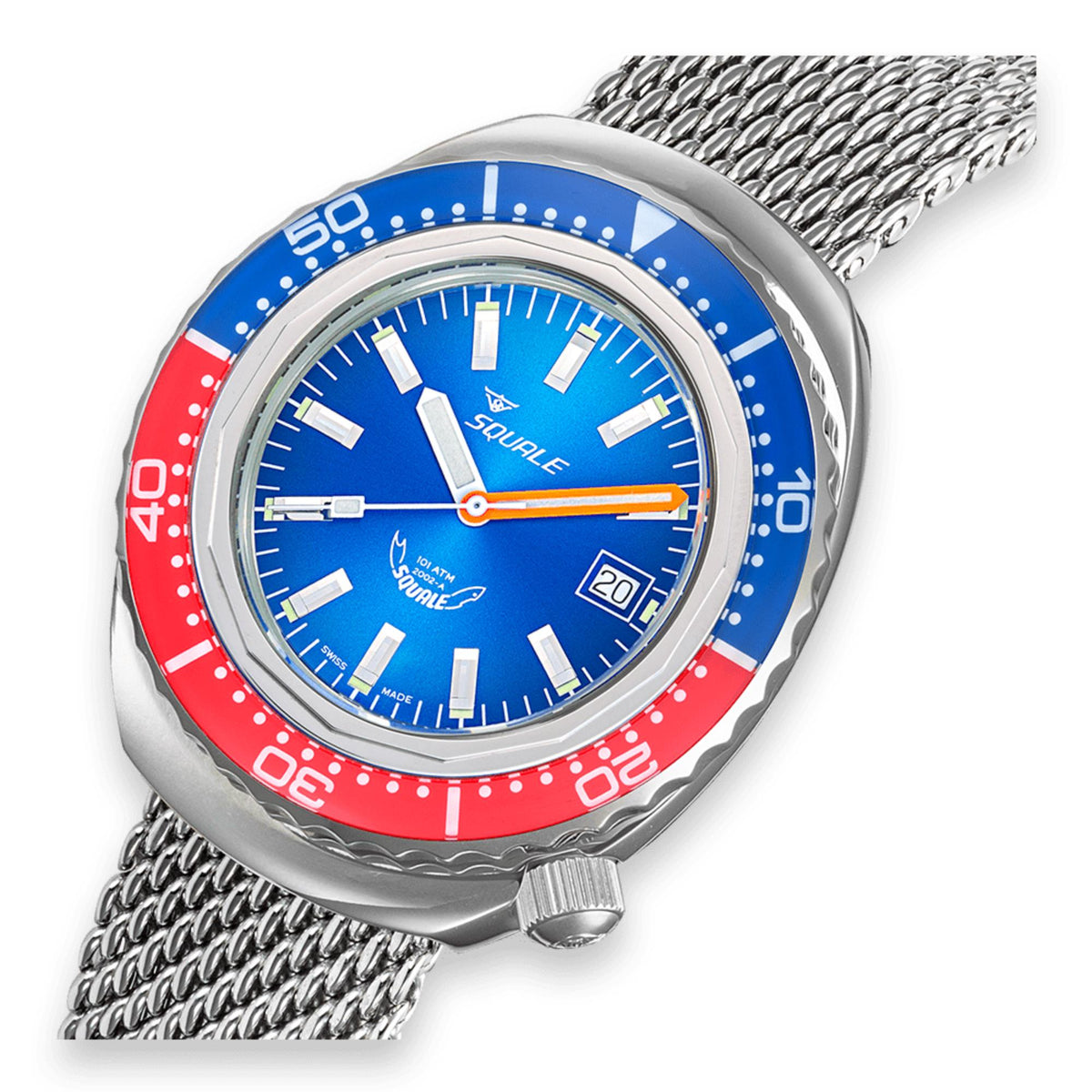 Men's automatic watch with blue dial, red bezel, and steel mesh bracelet