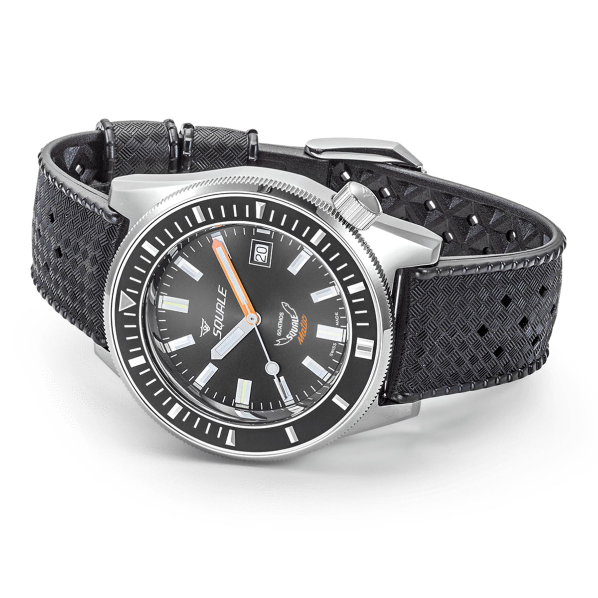 Men's automatic watch angled on black patterned strap with black dial and orange accents