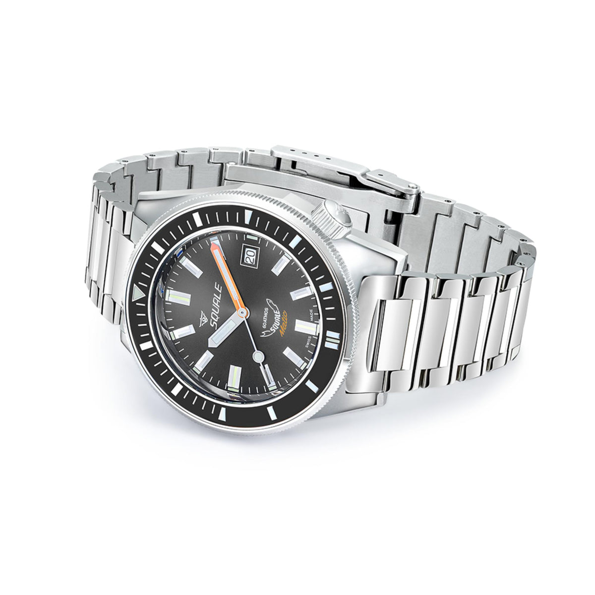 Squale Matic men's steel strap watch with black dial, orange accents, bracelet and side crown.