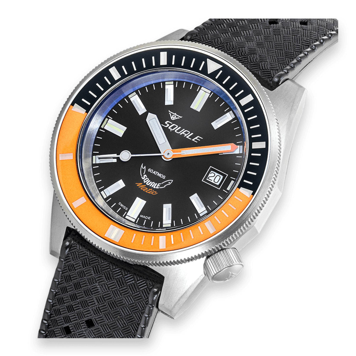 Men's automatic watch with black dial, orange bezel ring, black textured rubber strap