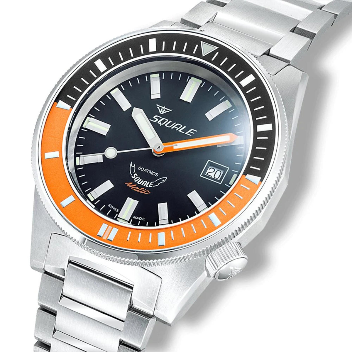 Men's steel dive watch with black dial, orange bezel ring, baton markers, crown