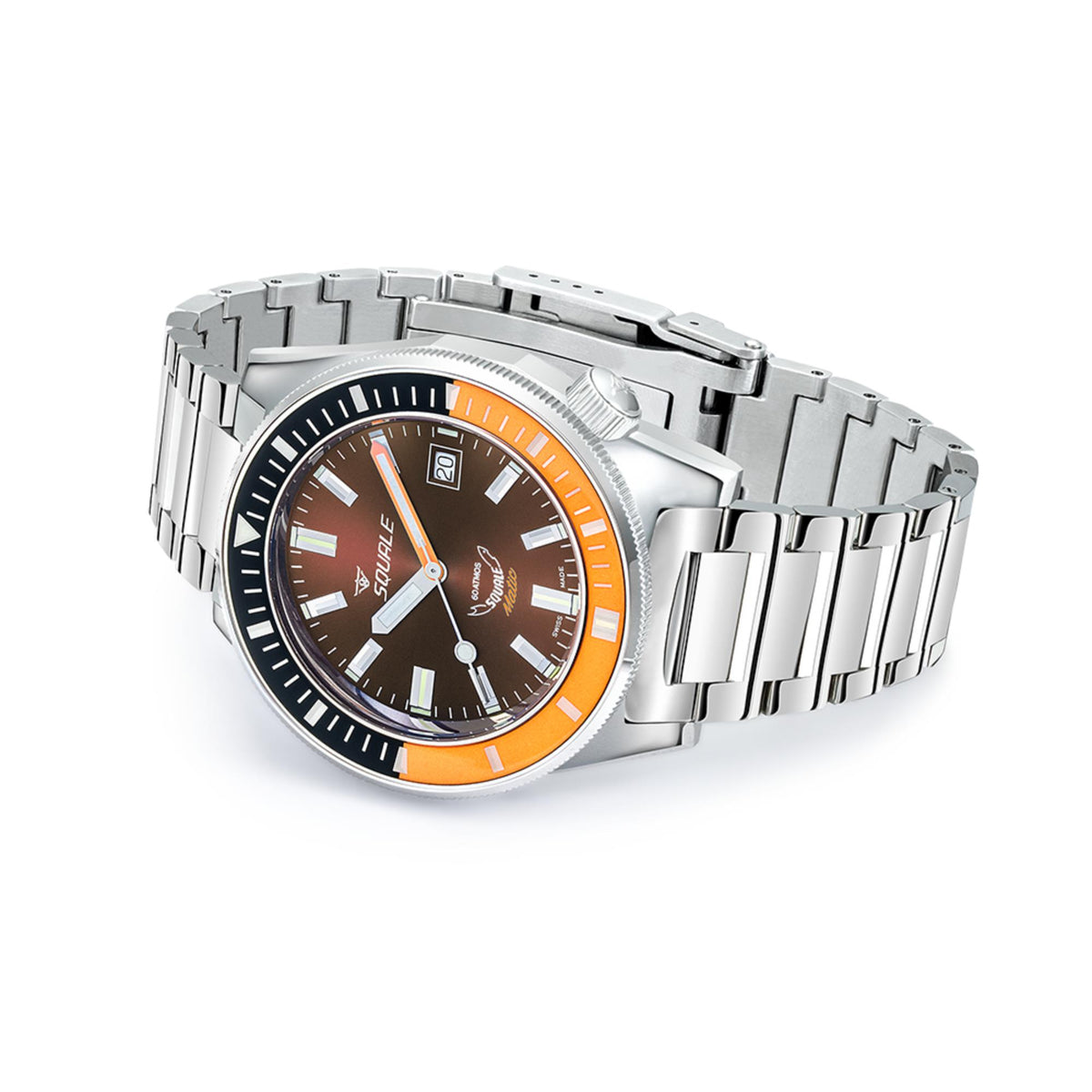 Men's automatic watch with brown dial, orange accents, and steel bracelet with crown