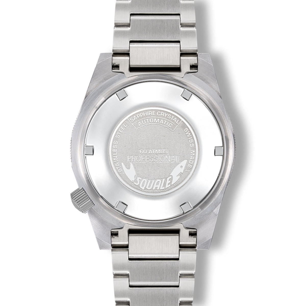 Stainless steel automatic men's watch caseback with engraved dial and bracelet links