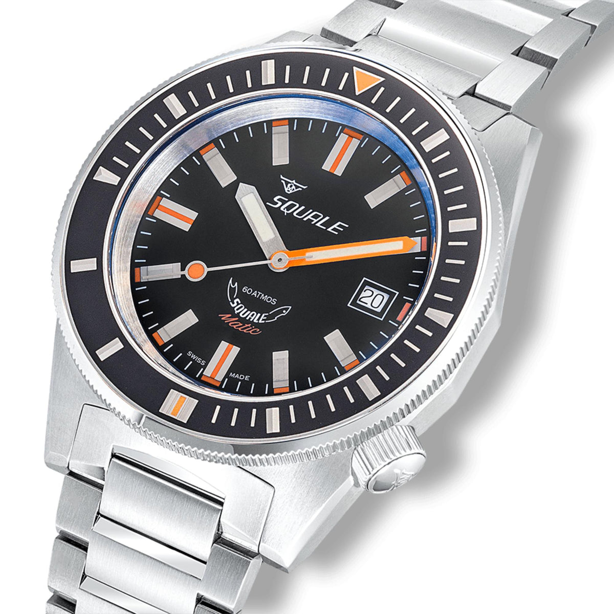 Stainless steel men's dive watch with black dial, orange hands, and bezel markers