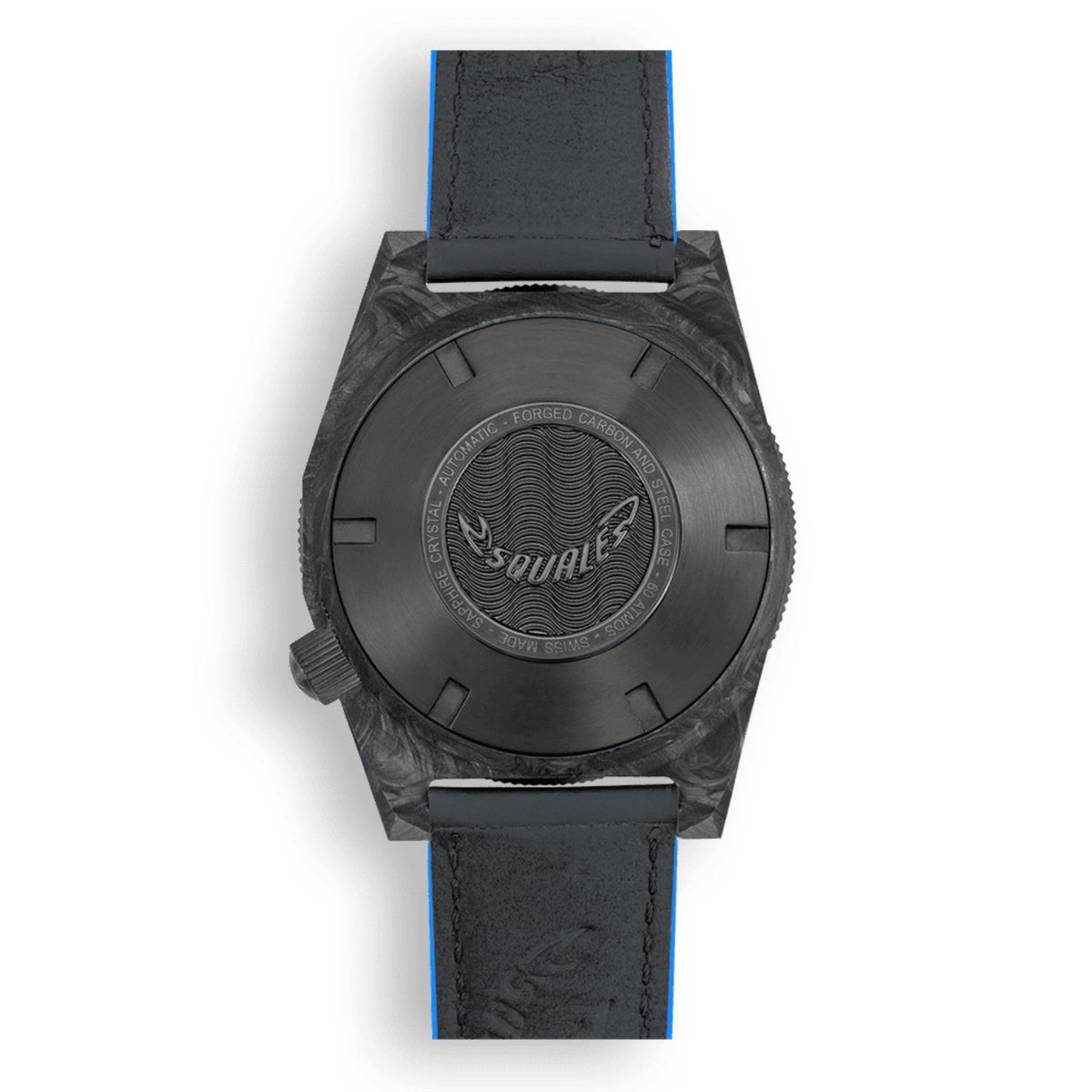 Men's forged carbon watch case back with engraved Squale logo and black leather strap