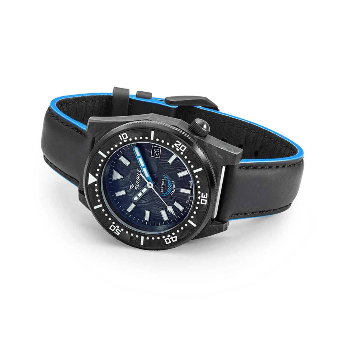 Men's forged carbon watch with black leather strap and blue-accented bezel, blue dial
