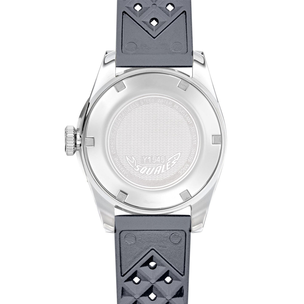 Men’s wristwatch caseback with textured silver metal back and gray rubber strap.