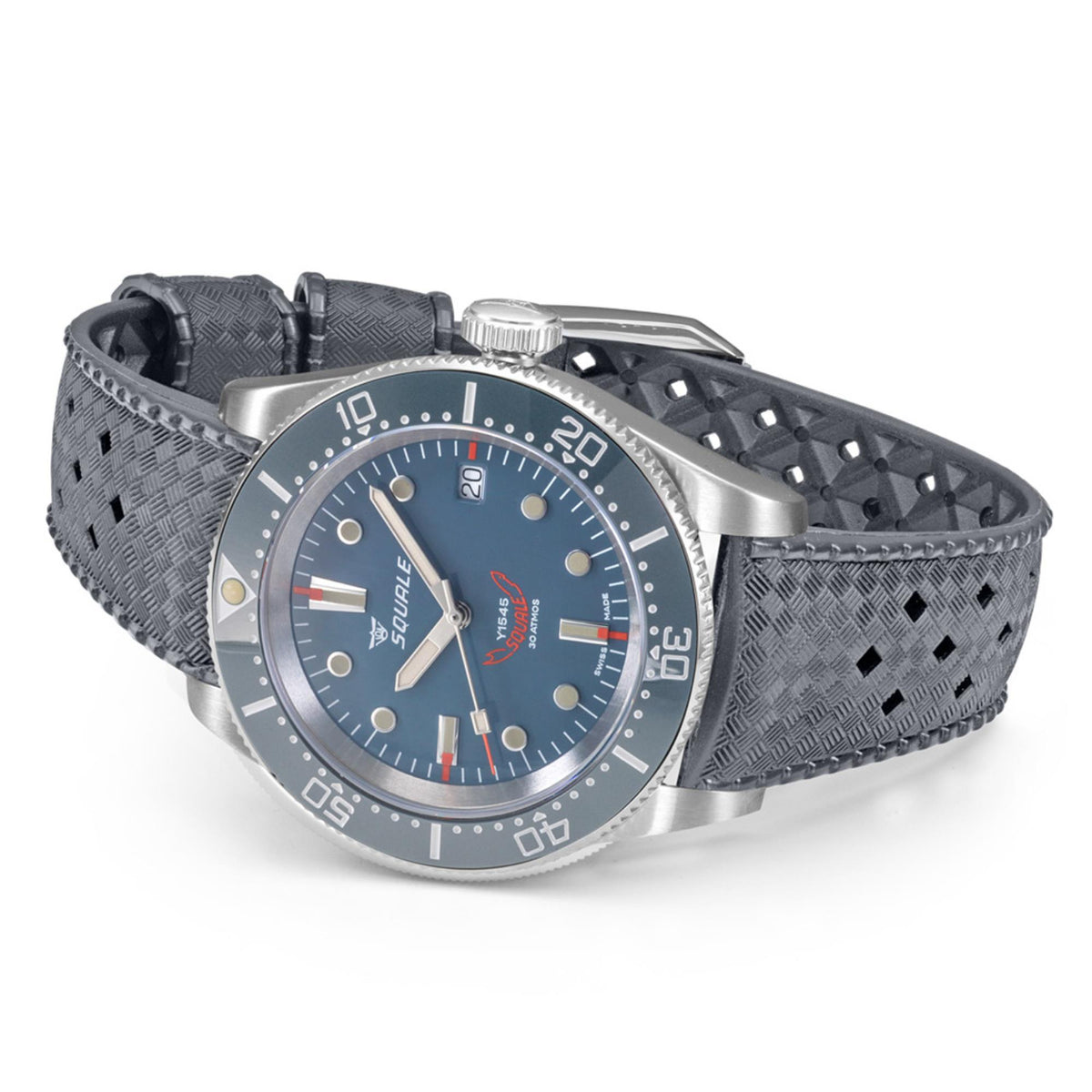 Men’s automatic watch angled view with blue dial, steel case, and gray rubber strap.