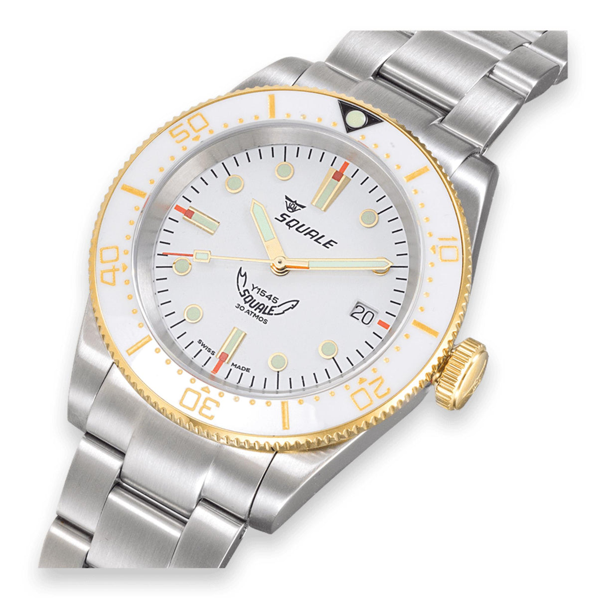 Men's automatic wrist watch with white dial, silver steel bracelet, gold-accent bezel