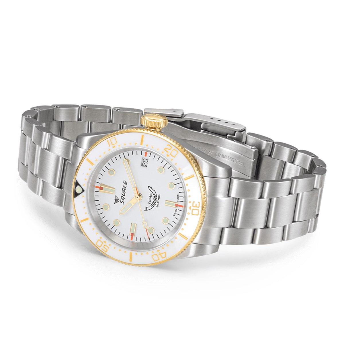 Men's automatic wrist watch on silver steel bracelet, side angle with gold crown