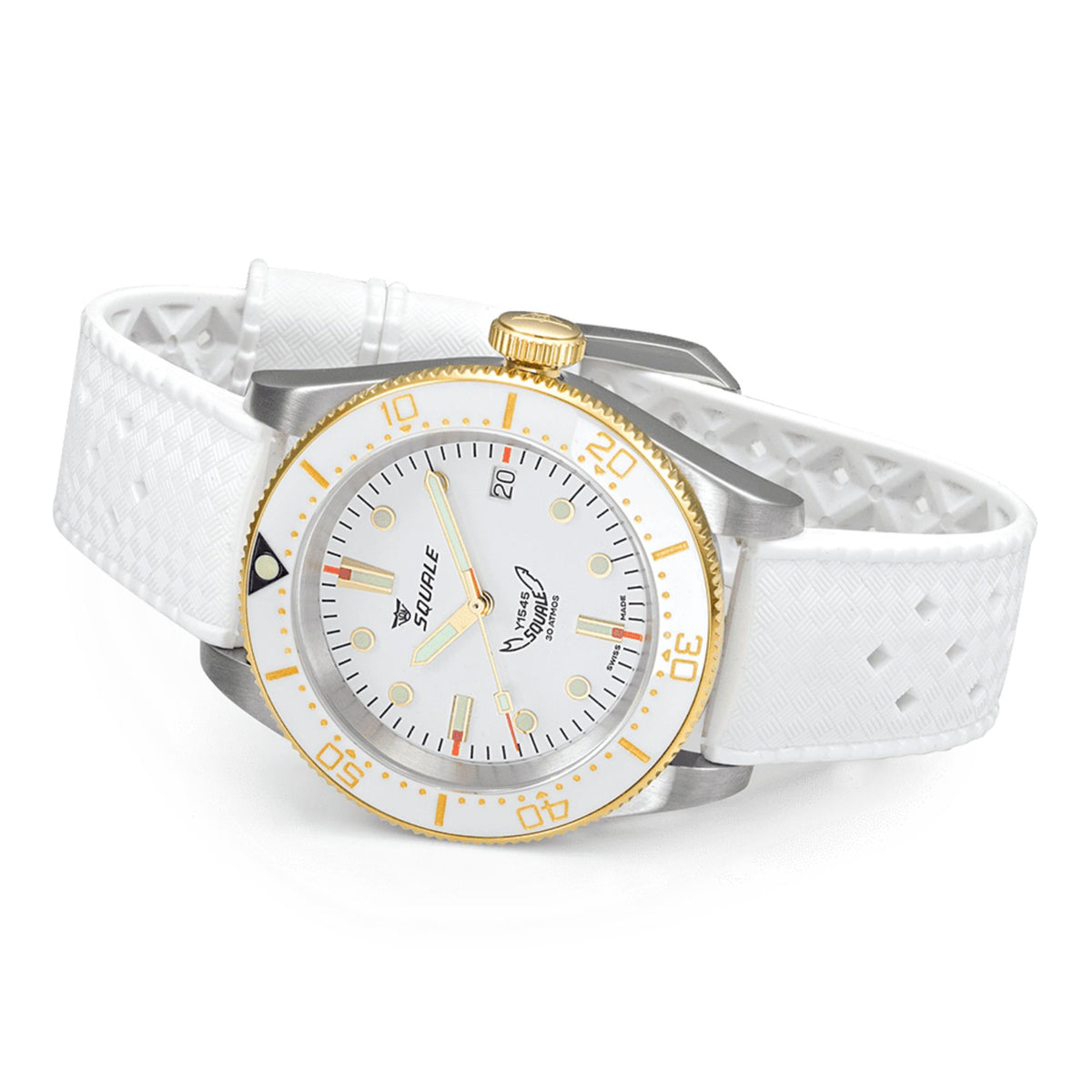 Men's automatic watch with white rubber strap and gold-tone crown, white dial