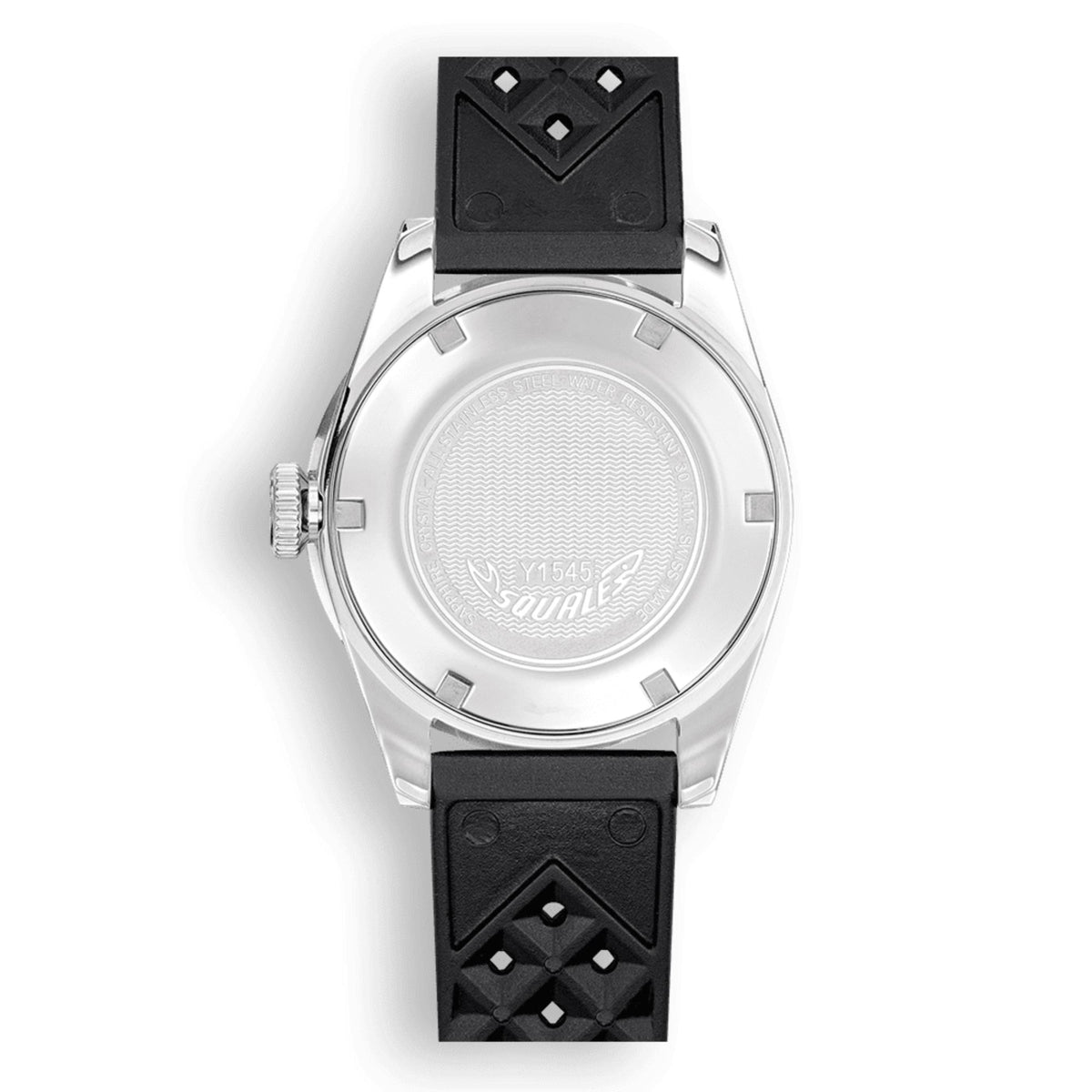 Men's steel diver watch with black rubber strap, textured caseback view