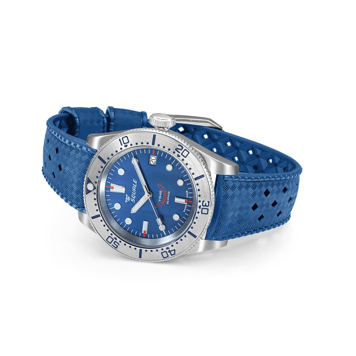 Squale 1545 steel automatic men's watch on blue patterned rubber strap, silver bezel