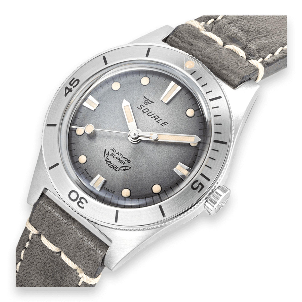 Men's automatic diver watch with grey dial, silver case, dark grey leather strap