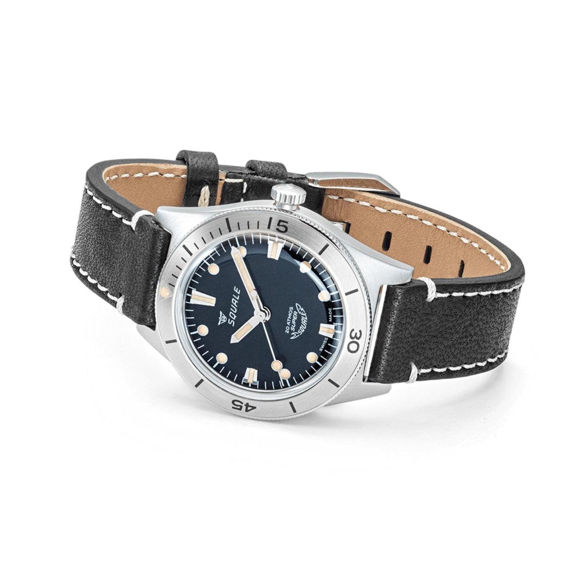 Men's automatic watch on wrist, black leather strap with contrast stitching, silver-tone case