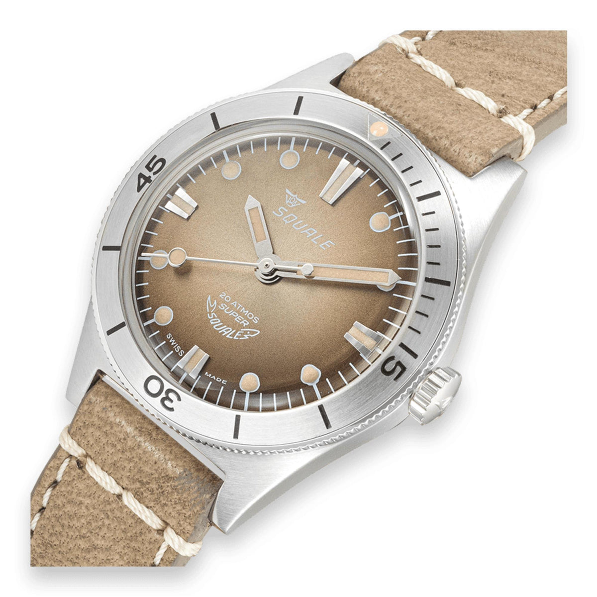 Men's automatic watch with brown sunray dial, silver bezel, brown leather strap
