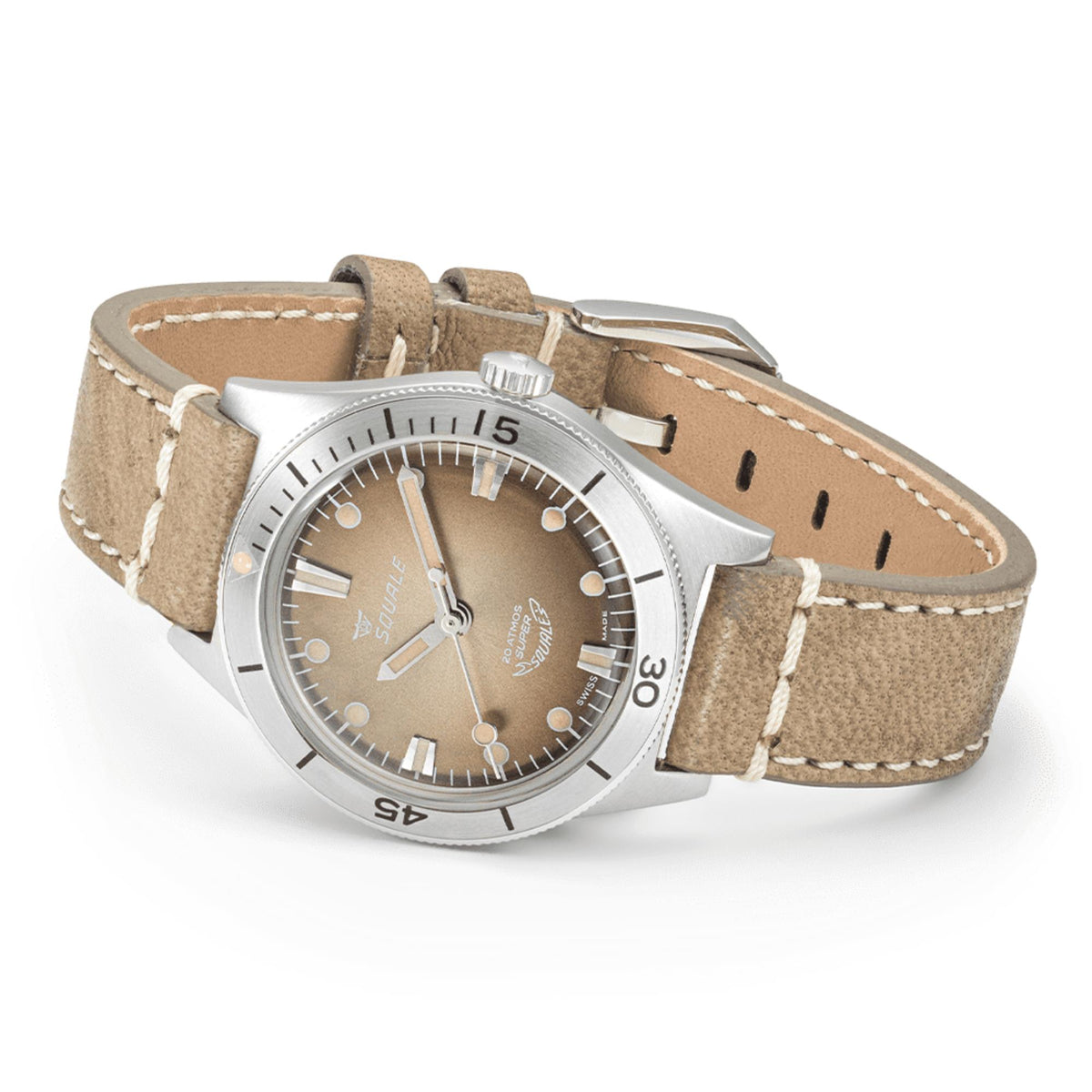 Men's automatic watch with brown dial, striped brown leather strap, silver case and crown