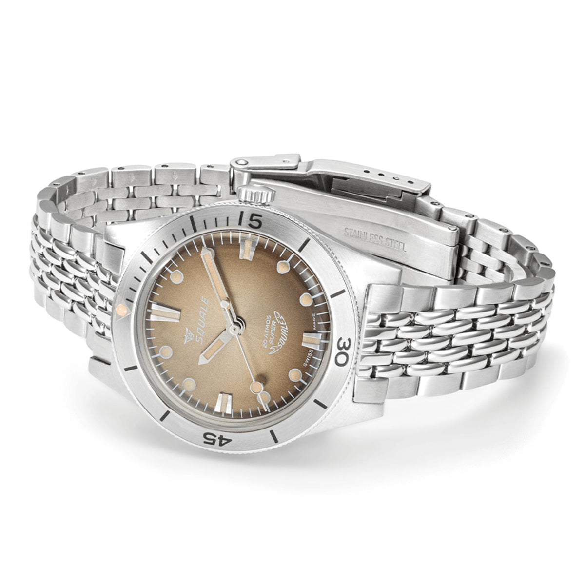 Men's Squale automatic watch with brown dial and steel mesh bracelet, side profile