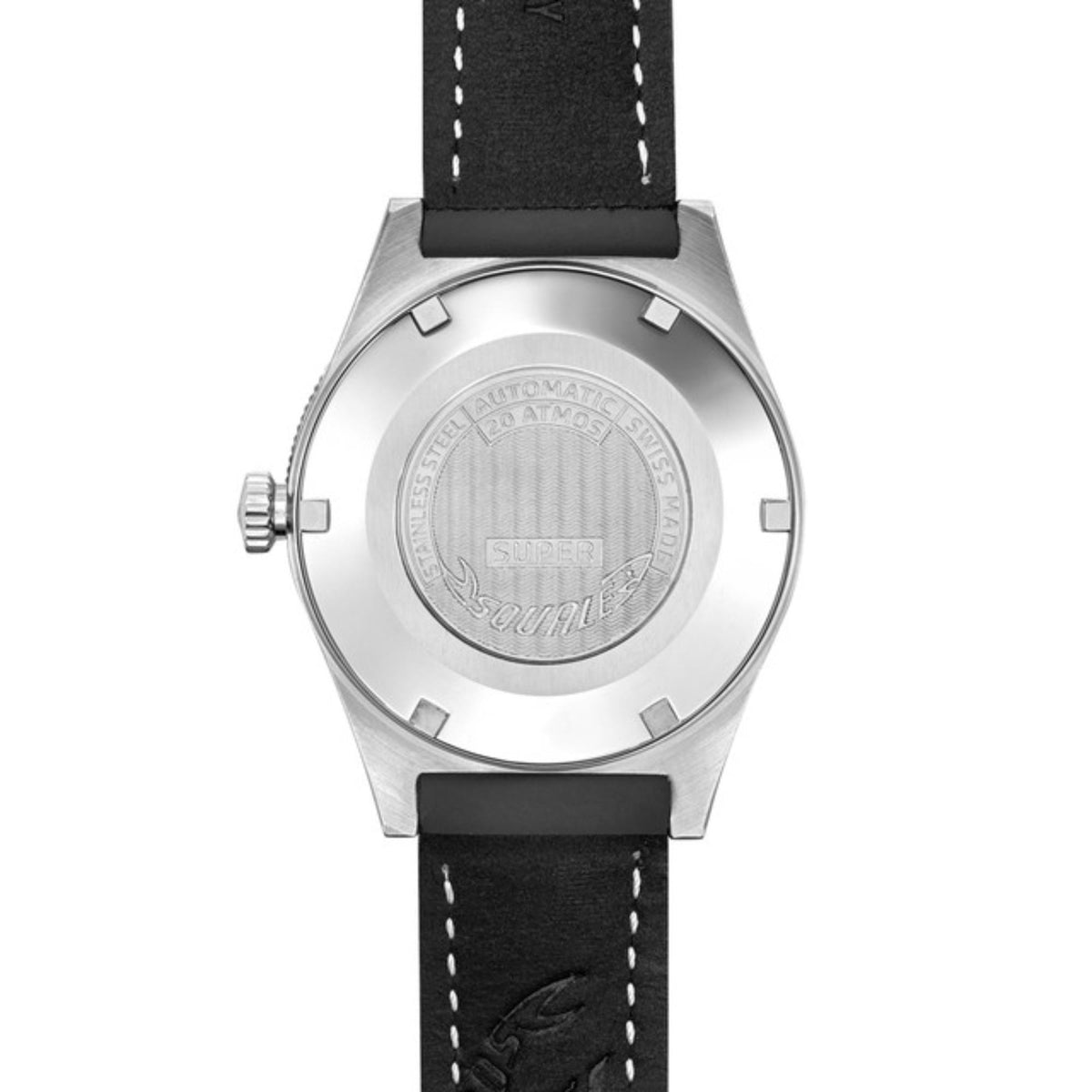 Men's automatic watch with black leather strap and engraved case back