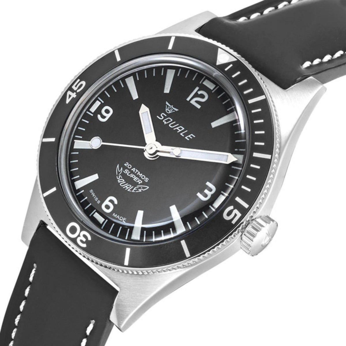 Men's automatic watch with black dial, Arabic numerals, and black leather strap