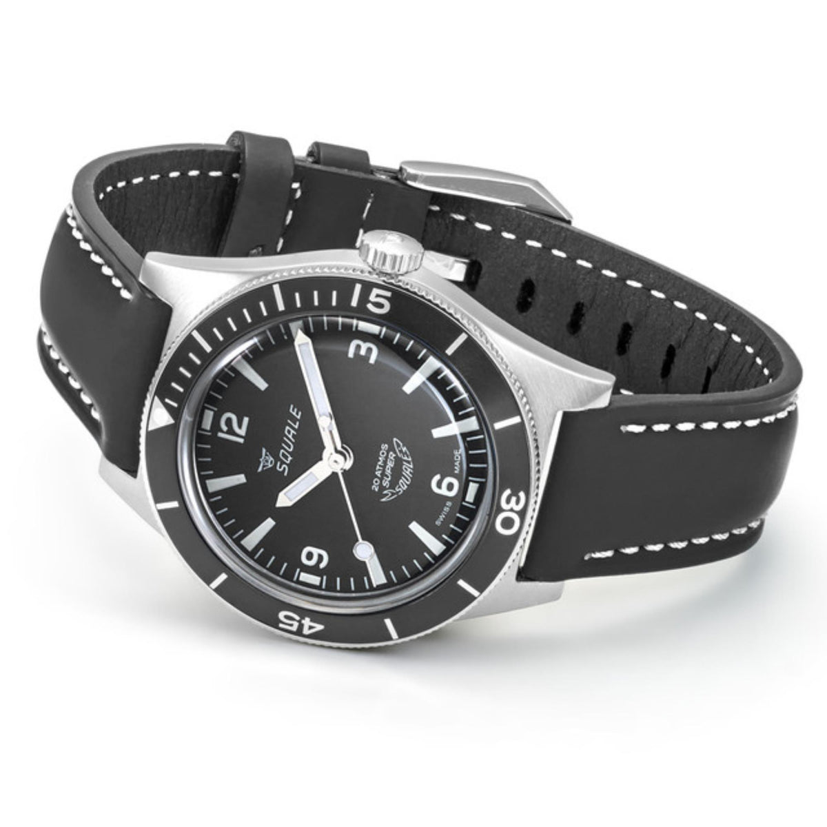 Men's automatic watch with black dial and black leather strap with white stitching